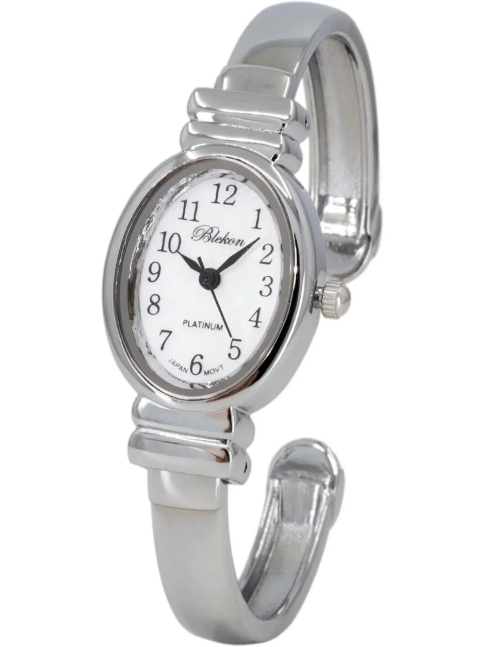 Womens Silver Analog Quartz Elegant Pearl Dial Sophisticated Cuff Bracelet Watch